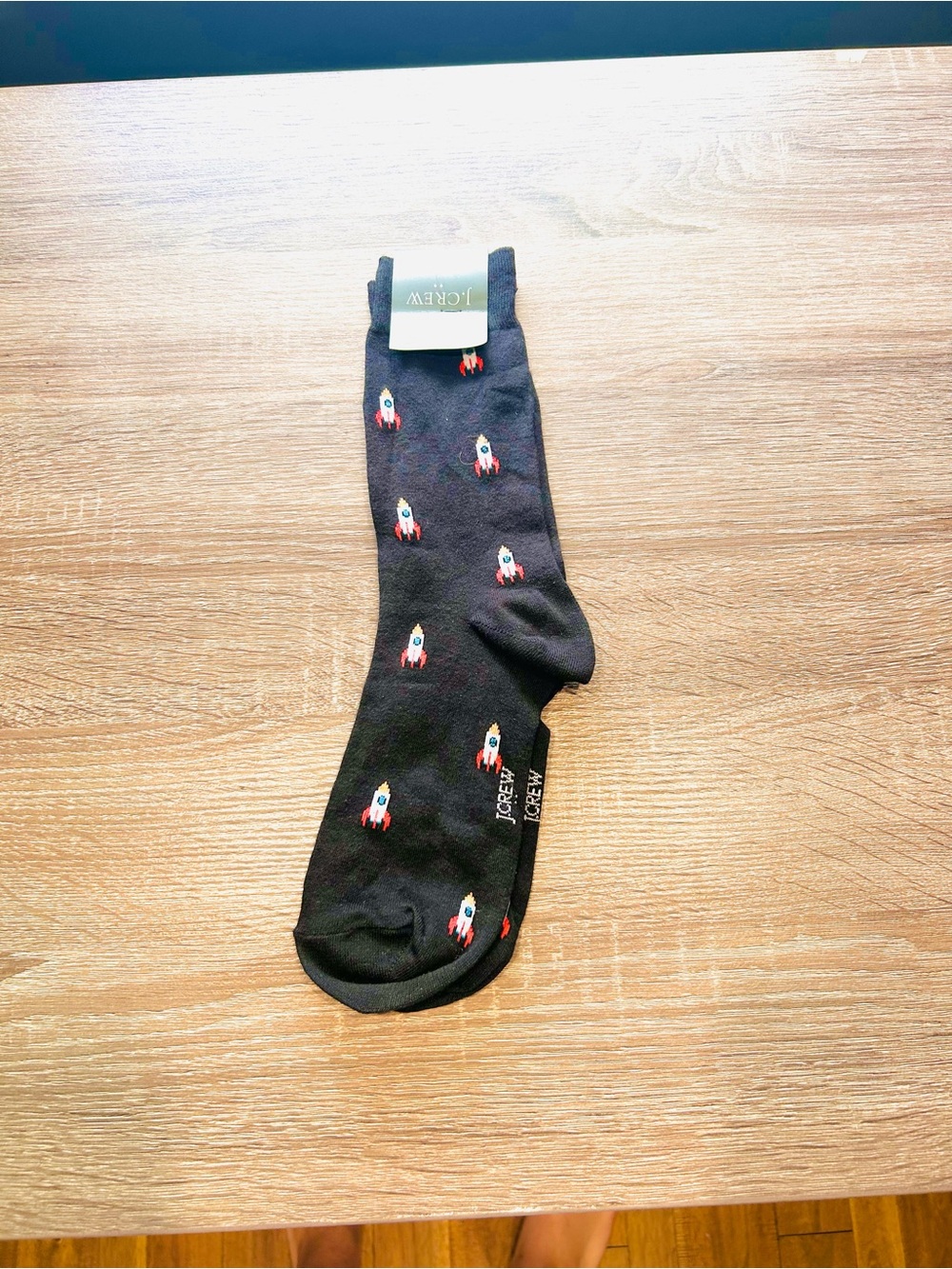J. Crew Black Crew Socks with Red & White Rocket Motif